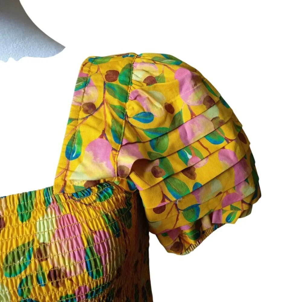 FARM Rio XS Mini Cashew Smocked Puff Sleeve Peplum Tropical Boho Top Blouse